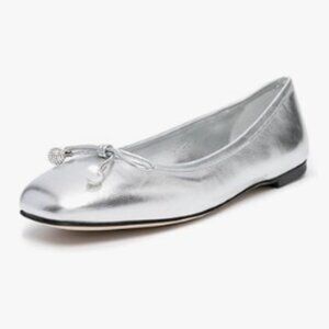 WO Wagas Silver Closed Toe Ballet Flats Cute Bowknots Slip On Ballerina Shoes